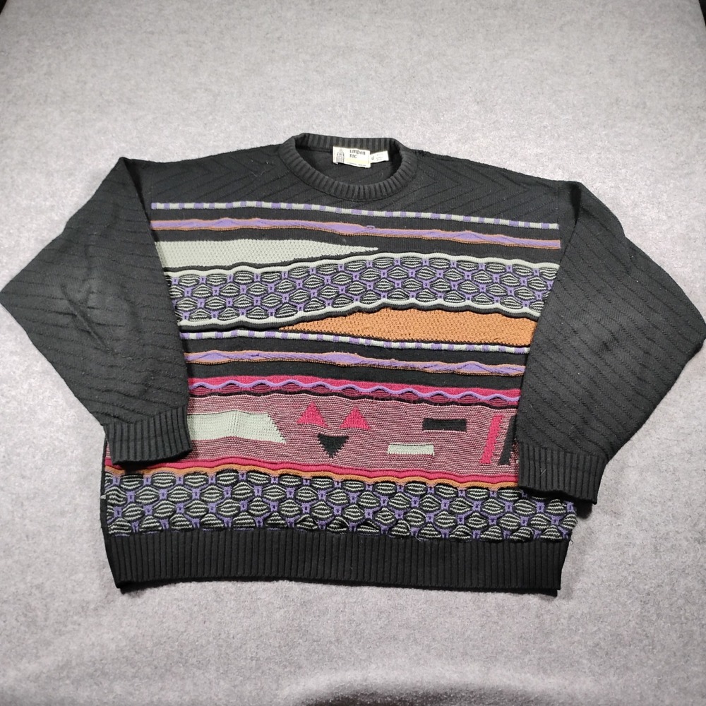 London Fog Vintage Men's Black Geometric Striped 3D Knit Sweater Size XL